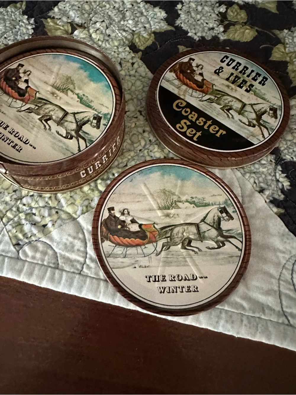 Currier & Ives Coaster Set - Vintage Style Brown/Black